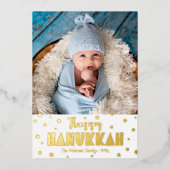Happy Hanukkah Foto Modern Whimsical Real Gold Folie Feestdagenkaart (Voorkant)
