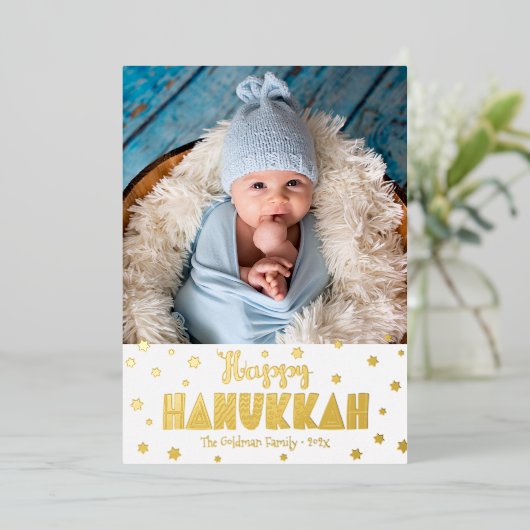 Happy Hanukkah Foto Modern Whimsical Real Gold Folie Feestdagenkaart (Staand Voorkant)