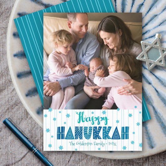 Happy Hanukkah Foto Moderne Blauwgroen Leuke Typog Feestdagenkaart