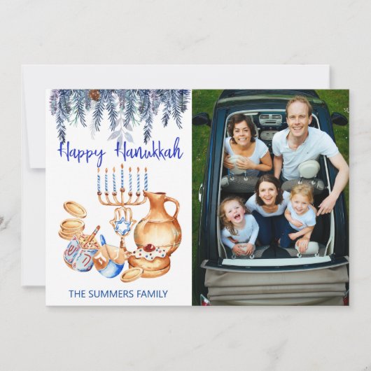 Happy Hanukkah-fotosjabloon Menorah Pine Drop Feestdagenkaart (Voorkant)