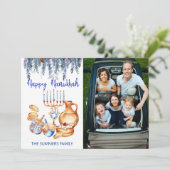 Happy Hanukkah-fotosjabloon Menorah Pine Drop Feestdagenkaart (Staand voorkant)