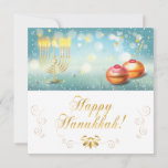 Happy Hanukkah Frstival festive Gold Menorah KAART<br><div class="desc">Happy Hanukkah Festival feestelijke decoratie met gouden menorah en gebakken donuts op houten tafel,  bokeh light background,  calligrafietekst en gouden ornament (een gouden folie tekst en ornament - worden gesimuleerd). Illustratie waterverf. Uitnodigingen en aardewerk > Wenskaarten > Vakantie en seizoensinvloeden > Donau</div>