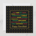 HAPPY HANUKKAH Fruit of the Spirit Menorah BLACK Feestdagenkaart<br><div class="desc">Colorful Happy Hanukkah-wenskaart met faux gouden menorahs in subtiel achtergrondpatroon. VRUCHTEN VAN HET SPIRIT, met inbegrip van Hebreeuwse vertalingen, zijn rood, geel en groen. HAPPY HANUKKAH is klantgericht als u een andere groet wilt toevoegen. Het bericht binnen kan ook in één van uw keus worden veranderd, en u kunt jouw...</div>