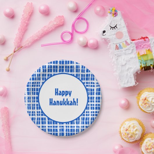Happy Hanukkah! Gedopt Speld Blauw en Wit Papieren Bordje (Feest)