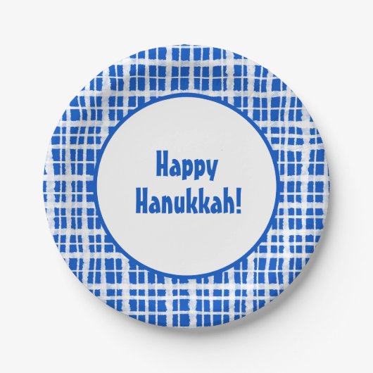 Happy Hanukkah! Gedopt Speld Blauw en Wit Papieren Bordje (Voorkant)