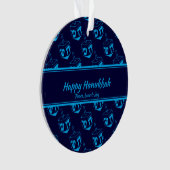 HAPPY HANUKKAH Gepersonaliseerd Dreidel Blue Cyan Ornament (voorkant)