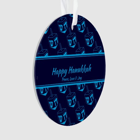 HAPPY HANUKKAH Gepersonaliseerd Dreidel Blue Cyan Ornament (voorkant)