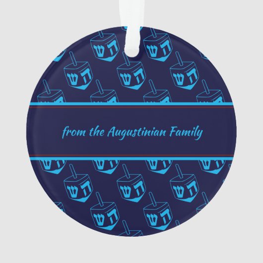 HAPPY HANUKKAH Gepersonaliseerd Dreidel Blue Cyan Ornament (achterkant)