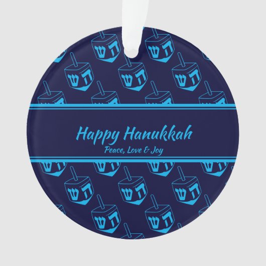HAPPY HANUKKAH Gepersonaliseerd Dreidel Blue Cyan Ornament (voorkant)