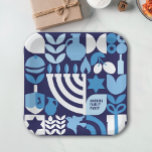 Happy Hanukkah - Gepersonaliseerde Modern Menorah  Papieren Bordje<br><div class="desc">Dress je familie of kantoor Hanukkah / Chanoekah party op met gepersonaliseerde Hanukkah / Chanoekah moderne Geometrische PatroonBorden. Menorah, Dreidel, Donuts, Stars & Olijfolie... Jewish Hanukkah Symbols Space om uw persoonlijke tekst toe te voegen. Happy Hanukkah wil. Deze geüploade, moderne, kijk, is een geweldige manier om vrienden, familie en klanten...</div>