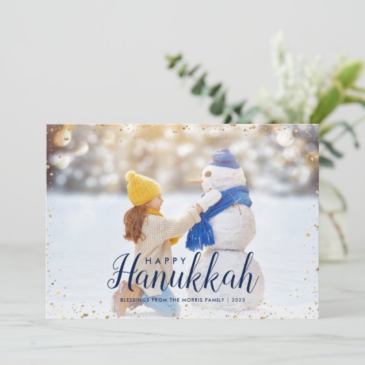 Happy Hanukkah | Glitz Faux Glitter Photo Overlay Feestdagenkaart (Staand voorkant)