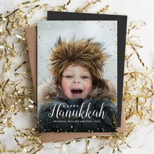 Happy Hanukkah   Glitz Faux Glitter Photo Overlay Feestdagenkaart