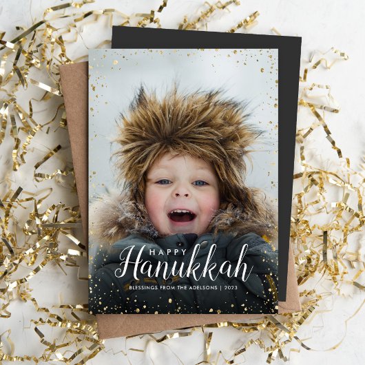 Happy Hanukkah | Glitz Faux Glitter Photo Overlay Feestdagenkaart