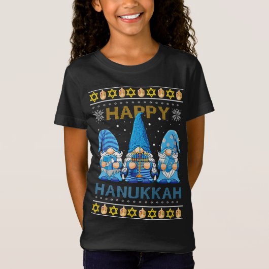 Happy Hanukkah Gnome Gnomies Menorah Pajama Ugly S T-shirt (Voorkant)