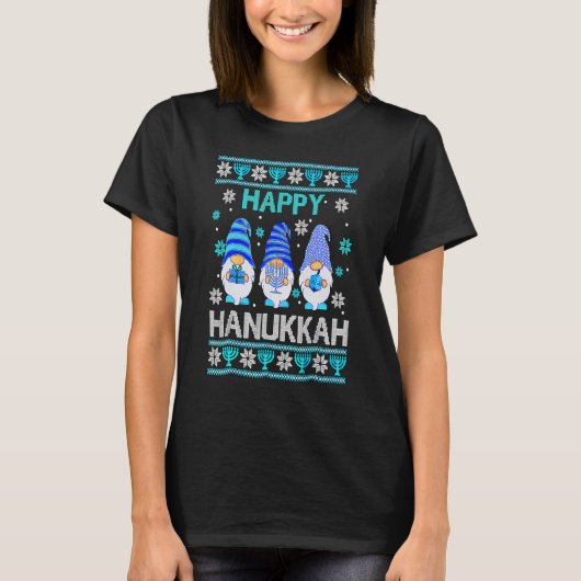 Happy Hanukkah Gnome Gnomies Menorah Pajama Ugly T-shirt (Voorkant)