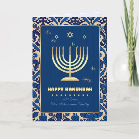 Happy Hanukkah. Gold Menorah Feestdagen Kaart (Voorkant)
