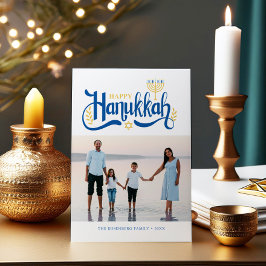 "Happy Hanukkah" Gold Menorah Feestdagenkaart