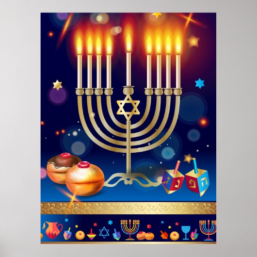 Happy Hanukkah Gold Menorah Lights Art Poster (Voorkant)