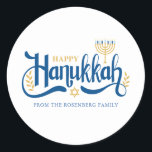 "Happy Hanukkah" Gold Menorah Ronde Sticker<br><div class="desc">"Happy Hanukkah" Gold Menorah-ontwerp.</div>