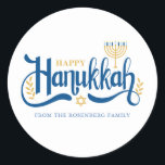 "Happy Hanukkah" Gold Menorah Ronde Sticker<br><div class="desc">"Happy Hanukkah" Gold Menorah-ontwerp.</div>