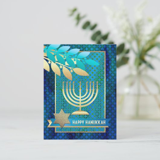Happy Hanukkah. Gold Menorah & Star van David Feestdagenkaart (Staand voorkant)