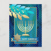 Happy Hanukkah. Gold Menorah & Star van David Feestdagenkaart (Voorkant)