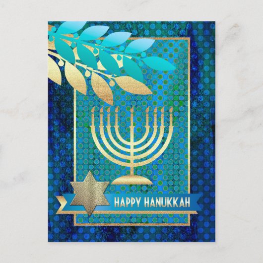 Happy Hanukkah. Gold Menorah & Star van David Feestdagenkaart (Voorkant)