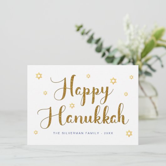 Happy Hanukkah Gold Script Holiday Kaart (Staand voorkant)
