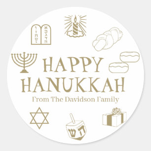 Happy Hanukkah Gold White, aangepast naamcadeautje Ronde Sticker