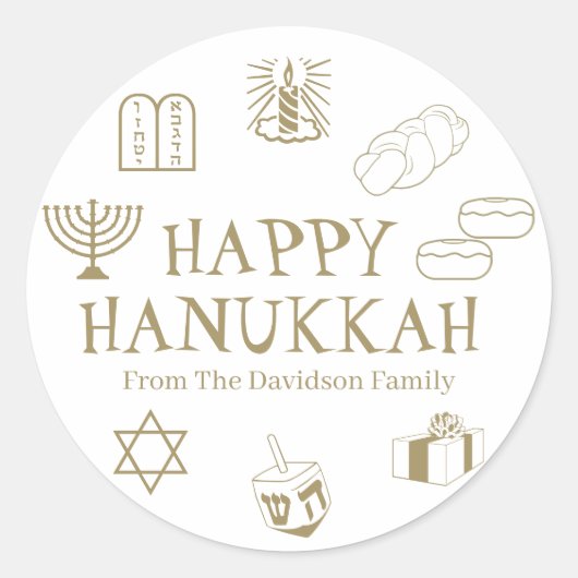 Happy Hanukkah Gold White, aangepast naamcadeautje Ronde Sticker (Voorkant)