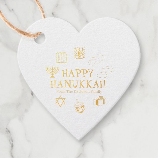 Happy Hanukkah Gold White, familienaam hart Bedankjes Labels (Voorkant)