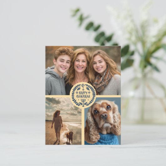 Happy Hanukkah Hand-Drawn CUSTOM 3 FOTO Vakantie Briefkaart (Staand voorkant)