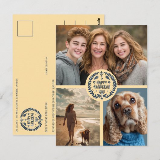 Happy Hanukkah Hand-Drawn CUSTOM 3 FOTO Vakantie Briefkaart (Voorkant / Achterkant)