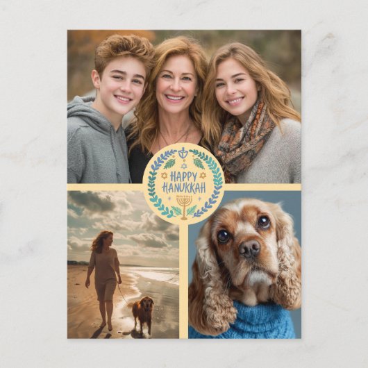 Happy Hanukkah Hand-Drawn CUSTOM 3 FOTO Vakantie Briefkaart (Voorkant)