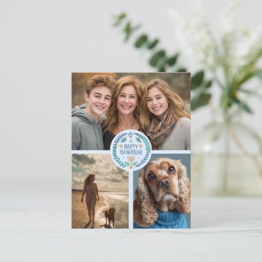 Happy Hanukkah Hand-Drawn CUSTOM 3 FOTO Vakantie Briefkaart (Staand voorkant)