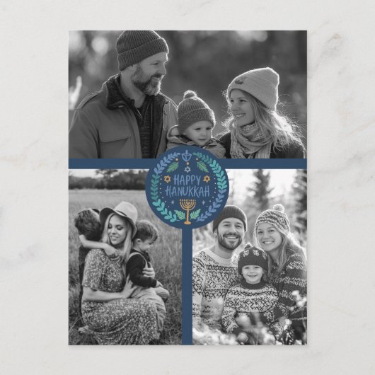 Happy Hanukkah Hand-Drawn CUSTOM 3 FOTO Vakantie Briefkaart (Voorkant)