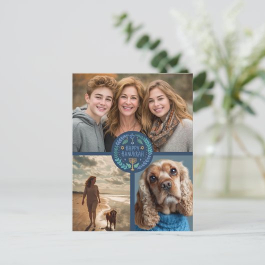 Happy Hanukkah Hand-Drawn CUSTOM 3 FOTO Vakantie Briefkaart (Staand voorkant)