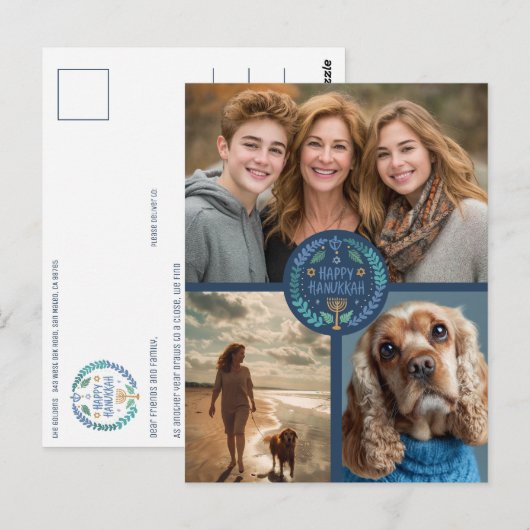 Happy Hanukkah Hand-Drawn CUSTOM 3 FOTO Vakantie Briefkaart (Voorkant / Achterkant)