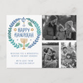 Happy Hanukkah Hand-Drawn CUSTOM 3 FOTO'S Vakantie Briefkaart (Voorkant)
