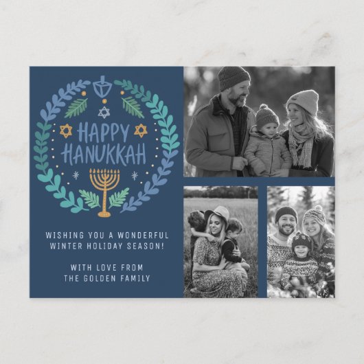 Happy Hanukkah Hand-Drawn CUSTOM 3 FOTO'S Vakantie Briefkaart (Voorkant)