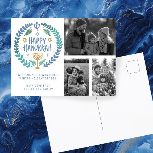Happy Hanukkah Hand-Drawn CUSTOM 3 FOTO'S Vakantie Briefkaart