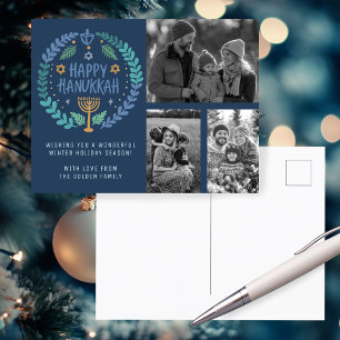 Happy Hanukkah Hand-Drawn CUSTOM 3 FOTO'S Vakantie Briefkaart