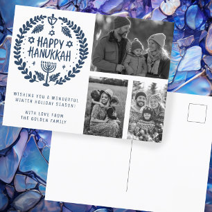 Happy Hanukkah Hand-Drawn CUSTOM 3 FOTO'S Vakantie Briefkaart