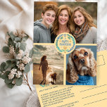 Happy Hanukkah Hand-Drawn CUSTOM 3 PHOTO Holiday Briefkaart<br><div class="desc">Hope you like this holiday design. Add your own photos to the front by clicking "Personalize this template". Be sure to arrange your photos under circle image and artwork. Everything is adjustable. Edit the text on the back too by clicking "personalize" and change the font and background colors. Check my...</div>