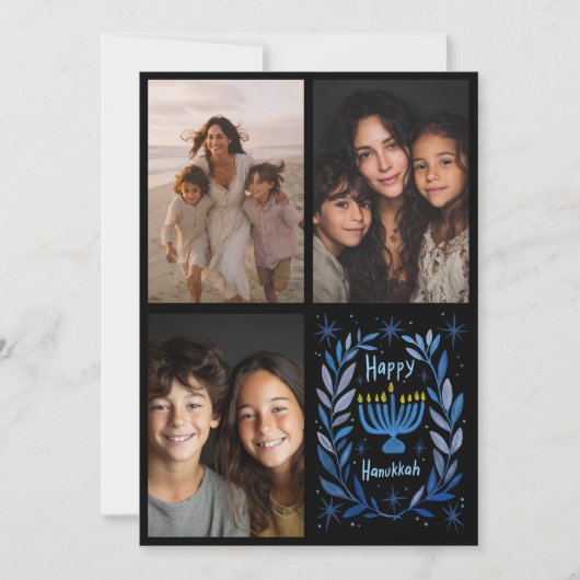 HAPPY HANUKKAH Hand-getrokken CUSTOM 3 FOTO Letter Feestdagenkaart (Voorkant)