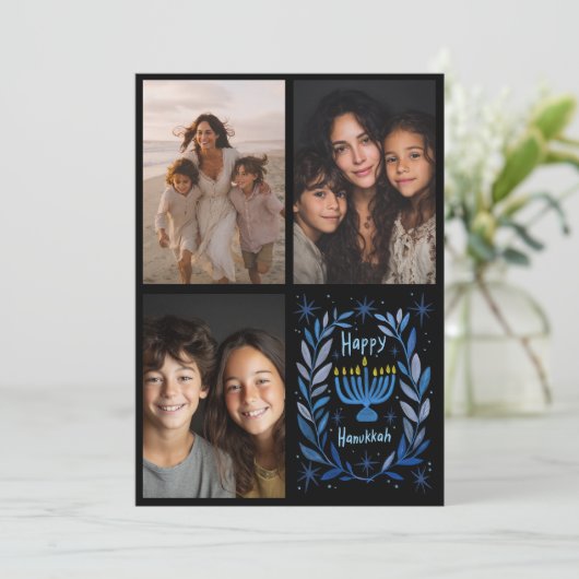 HAPPY HANUKKAH Hand-getrokken CUSTOM 3 FOTO Letter Feestdagenkaart (Staand voorkant)