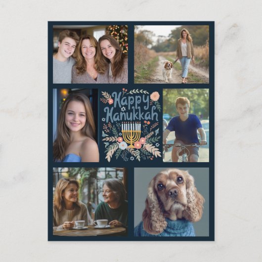 HAPPY HANUKKAH Hand-getrokken CUSTOM 6 FOTO Feestdagenkaart (Voorkant)