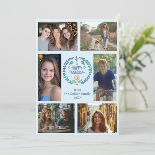 HAPPY HANUKKAH Hand-getrokken CUSTOM 6 FOTO Feestdagenkaart (Staand voorkant)