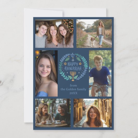 HAPPY HANUKKAH Hand-getrokken CUSTOM 6 FOTO Feestdagenkaart (Voorkant)
