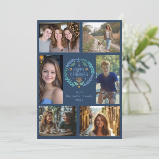 HAPPY HANUKKAH Hand-getrokken CUSTOM 6 FOTO Feestdagenkaart (Staand voorkant)